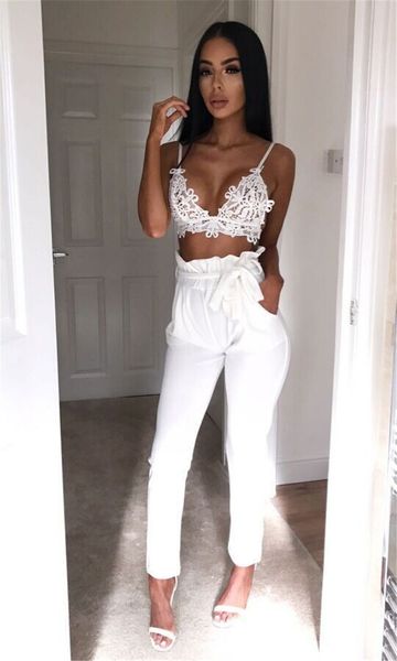 

fashion pure color ladies pants summer designer high waist women capris casual panelled slim apparel with ribbon, Black;white