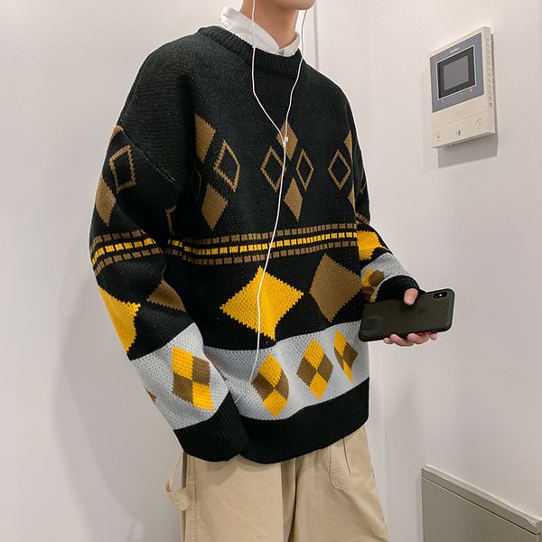 

uyuk2019 autumn and winter new men s knitting geometric embroidery round collar korean version leisure sweater youth homme, White;black