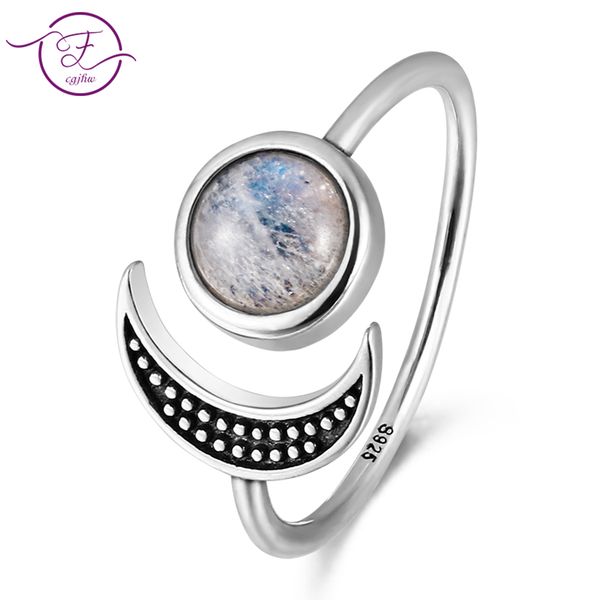 

original design moon shape adjustable open ring natural moonstone female fashion 925 silver jewelry wedding ring wholesale, Golden;silver