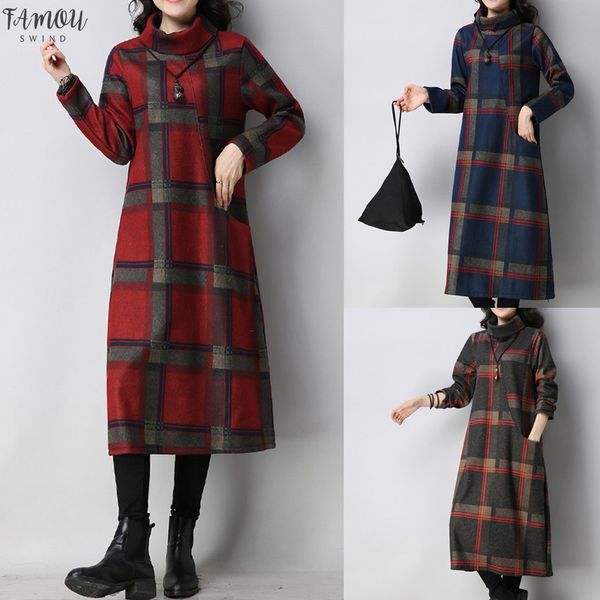 

2020 зима платье женщины длинные plaid printed шерстяное платье моды с длинными рукавами водолазки повседневный отдыха партии элегантные пла, Black;gray