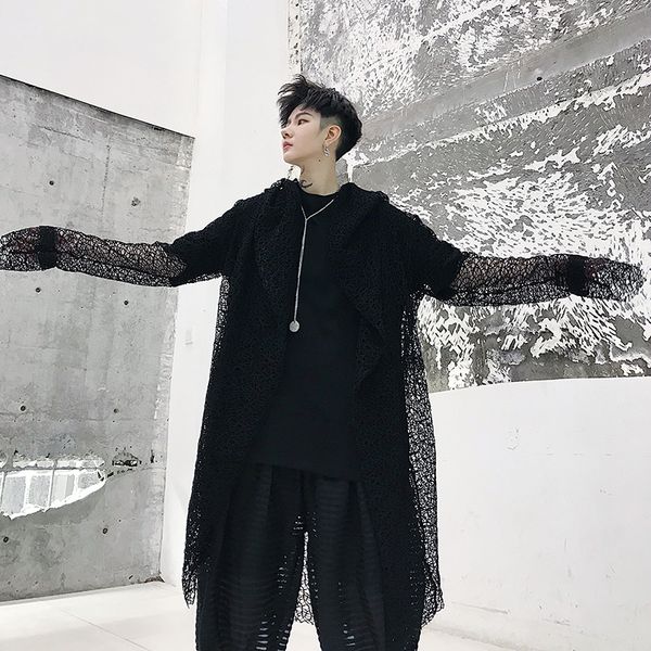 

male streetwear hip hop punk gothic long cardigan cloak jacket robe summer windbreaker men mesh hollow casual hooded trench coat, Tan;black