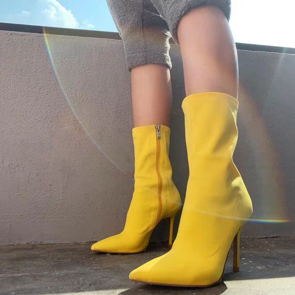

dijigirls new yellow mid-calf boots women spring autumn long boots thin high heels elastic pointed toed lady shoes, Black