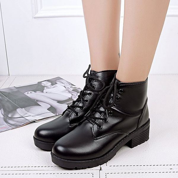 

women's boots pu leather short boots round head low heel wear-resistant non-slip flat-bottom fashion motorcycle, Black