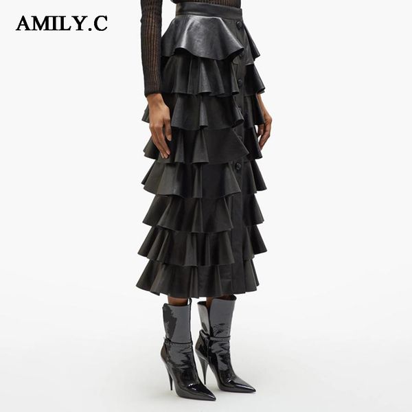 

2019 new autumn fashion women's pu leather ruffled skirt high waist button celebrity party skirt, Black;gray