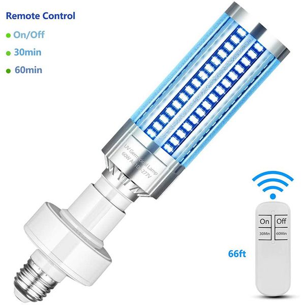 

60w uv germicidal lamp uv-c disinfection led light bulb lamp 110v-230v 7200lm e27 e26 base ozone for home hospital with timer