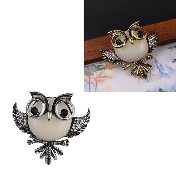 

2 pcs vintage crystal owl brooch pin women men animal pin costume jewellery, Gray