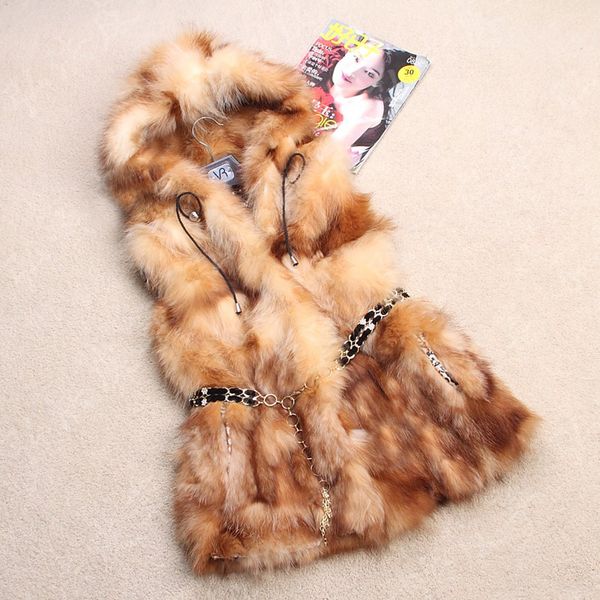 

fashion fur vest suede vest hooded long raccoon fur f, Black