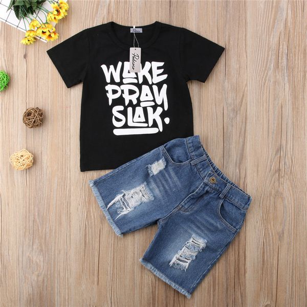 

Pudcoco 2Pcs Toddler Boys Clothes Short Sleeve Letter Print T-shirt Tops Short Denim Crippled Pants Outfits Summer New Set 1-6Y