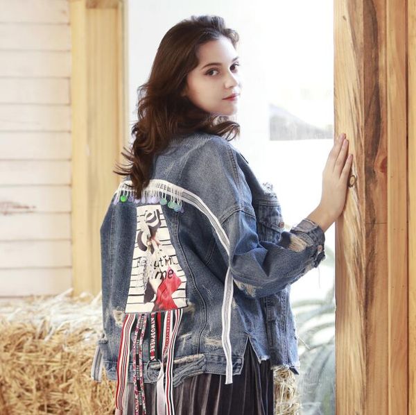 

2019 new ripped women printed denim fashion casual jacket 0611-015, Black;brown