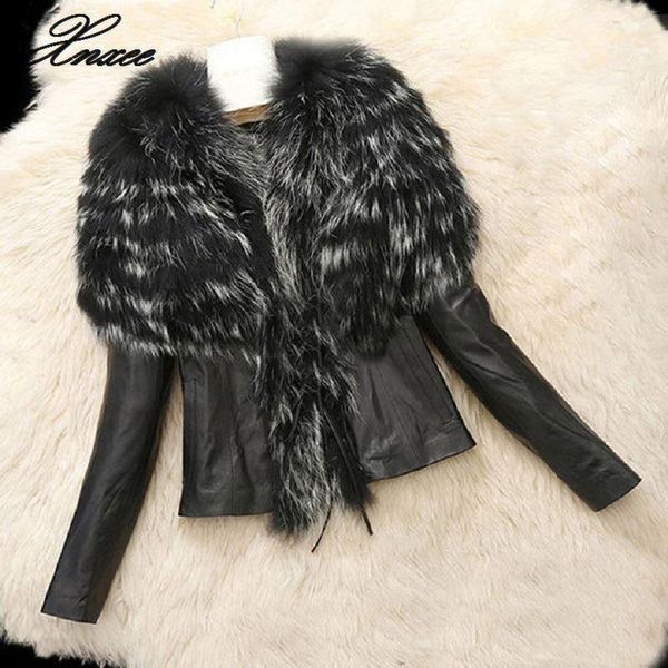 

plus size s-6xl autumn winter women faux fur coat lady slim fit zipper pu leather jacket fluffy leopard patchwork short, Black