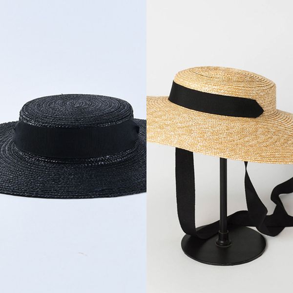 

2019 wide boater 10cm 15cm brim straw flat women summer kentucky derby white black ribbon tie sun hat beach cap y200103, Blue;gray