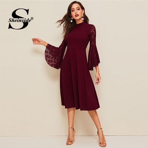 

sheinside burgundy contrast lace flounce sleeve party dress women 2019 autumn 3/4 sleeve a line dresses solid stand collar dress, Black;gray