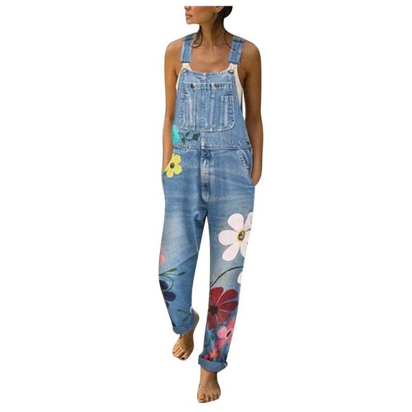 

bib pants jumpsuits flower printed blue jeans romper for women's fashion denim bib pants long rompers overalls 2020 new#n