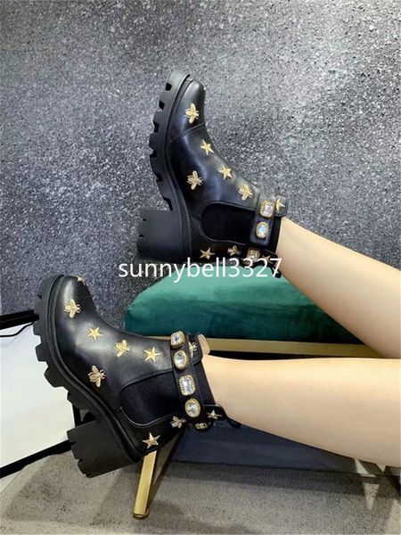

2019 female martin boots with box women's trip embroidered leather ankle boot with belt boots and booties for women shoes 2gg4, Black