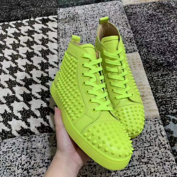 

элегантные флуоресцентные зеленые кожаные высокие верхние красные нижние туфли мужские женские плоские красные подошвы кроссовки мужские шип, Black