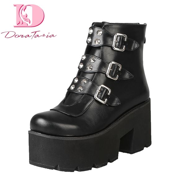 

doratasia brand new plus sizes 46 platform buckles women ankle boots shoes square high heels woman boots, Black