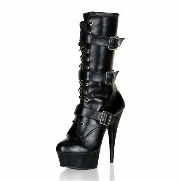

15cm low boot waterproof table 5cm three belt buckle women's boots bar dancing shoes pole dancing boots, Black