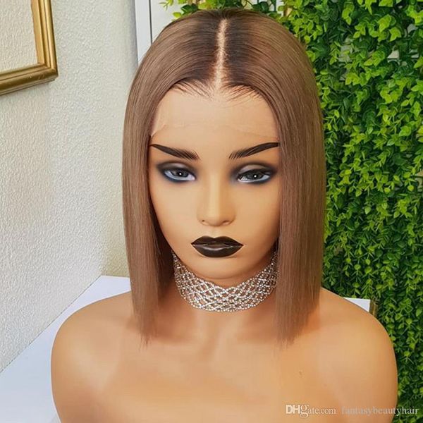 

brown blonde ombre straight bob 360 lace frontal human hair short full lace wigs for women 180density dark root 13x4 lace front wigs, Black