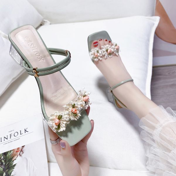 

med slippers casual female shoes slides flower square heel women heels 2020 soft block summer high scandals basic rome, Black