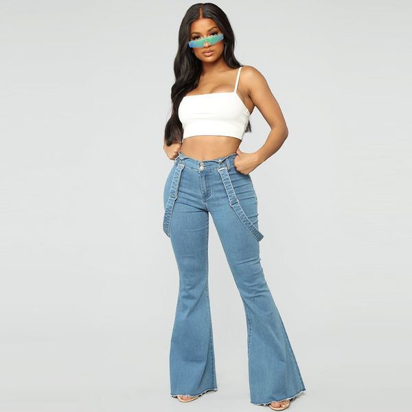 

jaycosin strap casual overalls women fashion sleeveless high waist long denim jeans vintage blue bodycon flare trouser pantalon