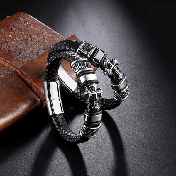 

fashion punk genuine leather man cross bracelet magnetic clasp father's day gift big discount, Golden;silver