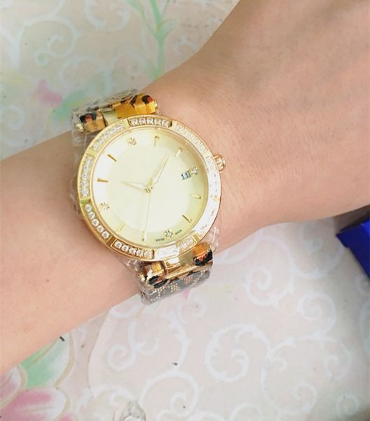 

female watch round circle cz crystal date waistband watch with panther chain band, Slivery;brown