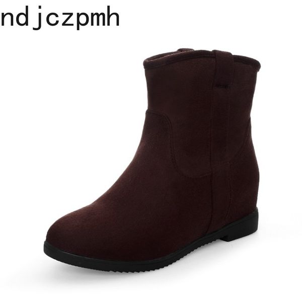 

women's boots new winter fashion flock round head internal increase low-heeled short tube women's shoes plus size 34-43 black
