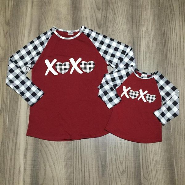 

valentine's day baby girls wine plaid heart shape xoxo plaid cotton mommy &me t-shirt reglans childen clothes long sleeve, White
