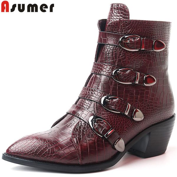 

asumer большого размера 34-42 моды лодыжки ботинки женщин круглый проскользнуть носок на дам пром сапоги на высоких каблуках пряжки осень зи, Black