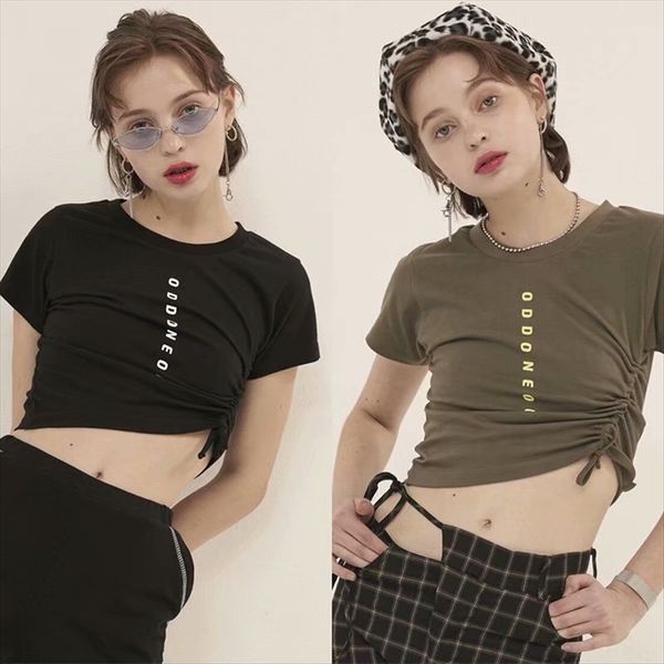 

wind ins letter printing t-shirt personalized short sleeve slim side drawstring short waist t-shirt top, White