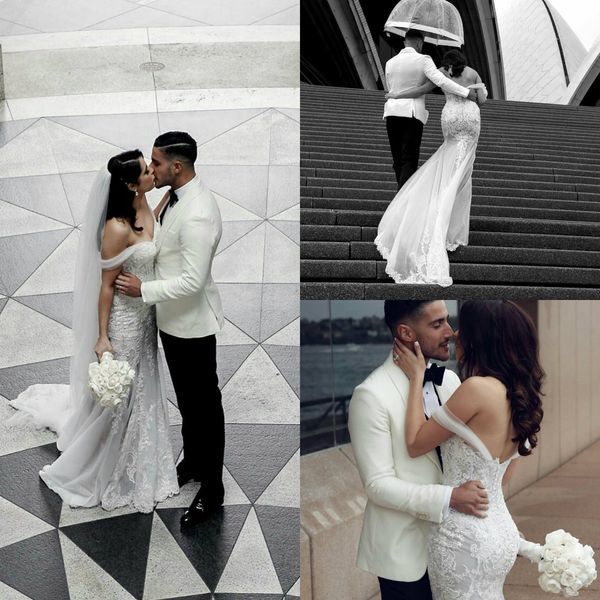 

2021 mermaid wedding dresses off shoulder lace appliques bridal gowns custom made backless sweep train beach robe de soiree, White