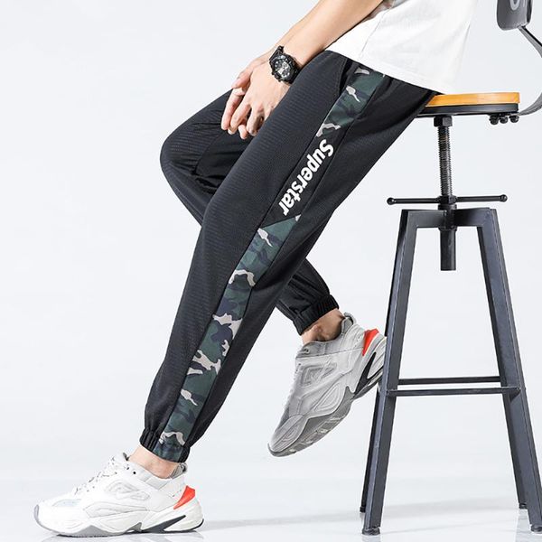 

summer super thin ice mesh sports pants men's leggings loose high elastic quick dry casual pants 9-point harun, Black