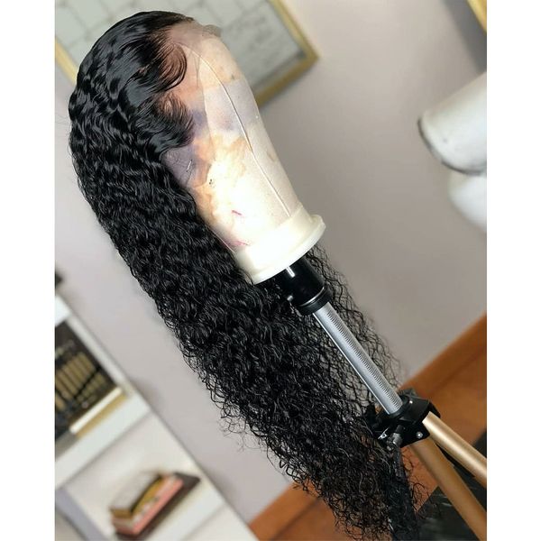 

Free Shipping Black Loose Curly Synthetic Lace Front Wig Baby Hair Water Wave Heat Resistant Fiber Hair Half Hand Tied Wigs For Women