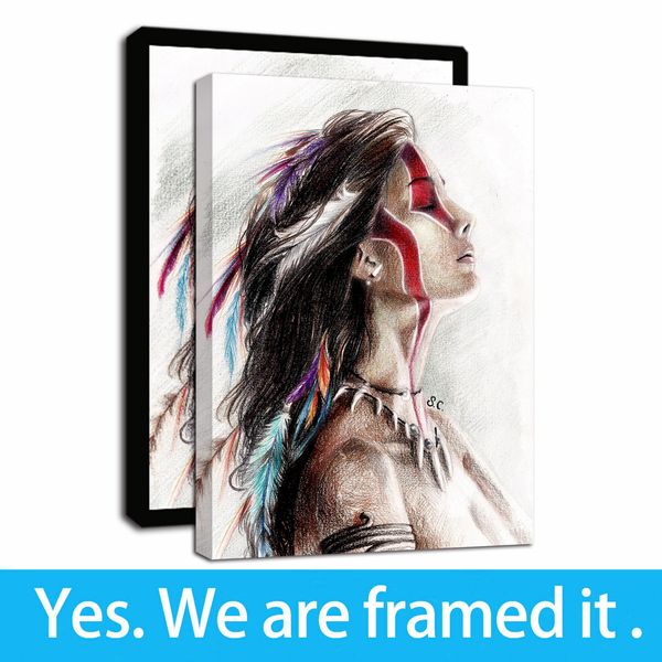 

native american canvas painting for living room indian girl warrior feathered women canvas print wall art poster artwork - ready to hang
