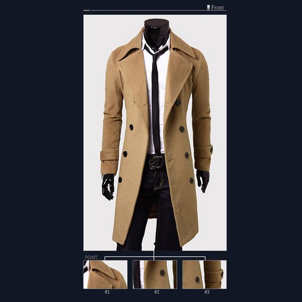 

fashion coat men wool coat winter warm solid long trench jacket breasted business casual overcoat parka, Black