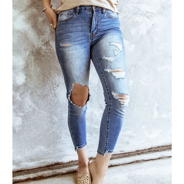 

women's jeans ripped women 2021 denim pancil pants fashion high waist slim hole casual stretch trousers, Blue