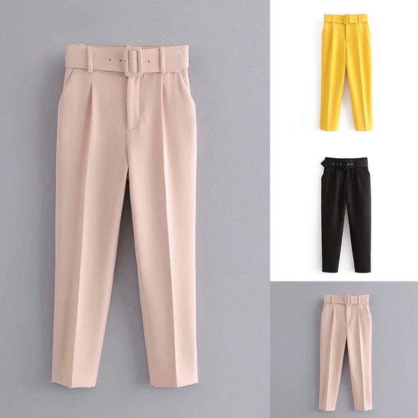 

2019 women black suit pants woman high waist pants sashes pockets office ladies fashion middle aged pink yellow streetpant, Black;white
