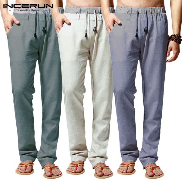 

incerun autumn fashion men solid cotton linen casual pants baggy drawstring trouser jogger mens joker stretch elastic sweatpants, Black