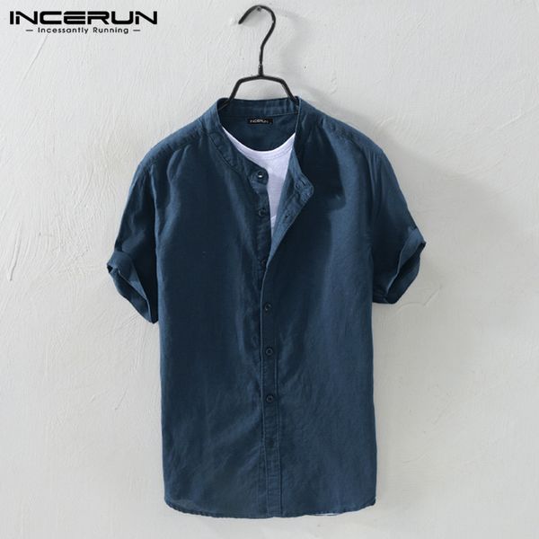

incerun men shirt cotton stand collar short sleeve solid blouse streetwear camisa casual breathable harajuku men brand shirts, White;black