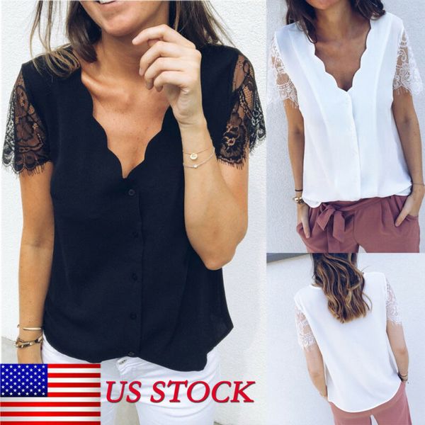 

fashion women streetwear office ladies summer chiffon short sleeve casual shirt blouse shirt, White