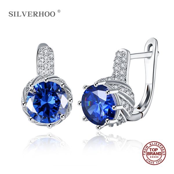 

silverhoo 4 colors fashion earrings 2019 blue silver purple color cz round clip earrings for women female statement