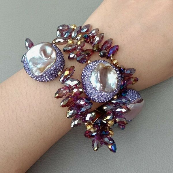 

8" 3 strands purple keshi pearl crystal bracelet, Golden;silver