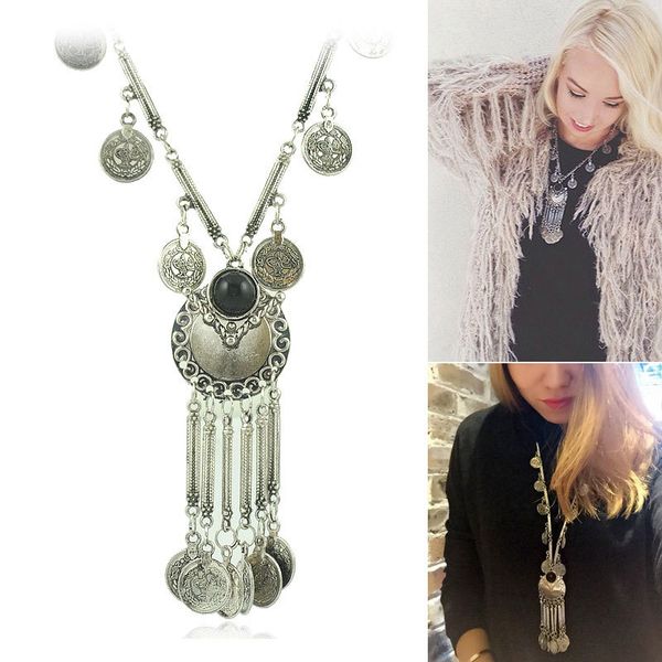 

yumfeel retro antique silver color tibetan style long coins boho necklace tassel pendant necklace for women jewelry