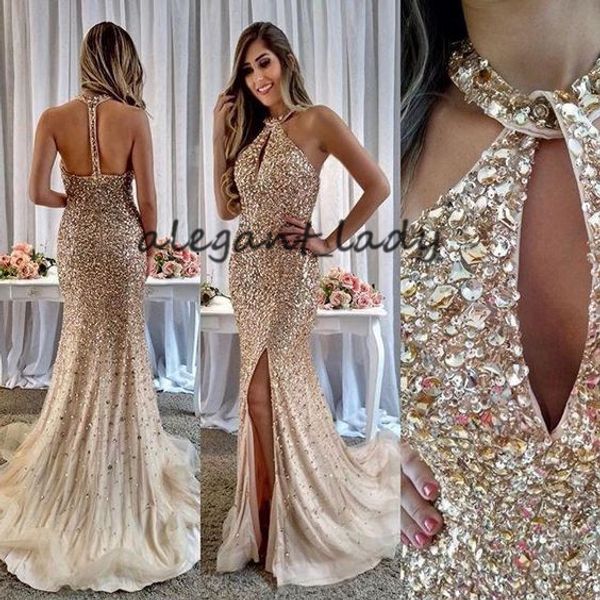

sparkly bling bling long prom dresses 2019 halter sleeveless crystal beaded tulle mermaid evening dress formal gowns robe de soriee, Black