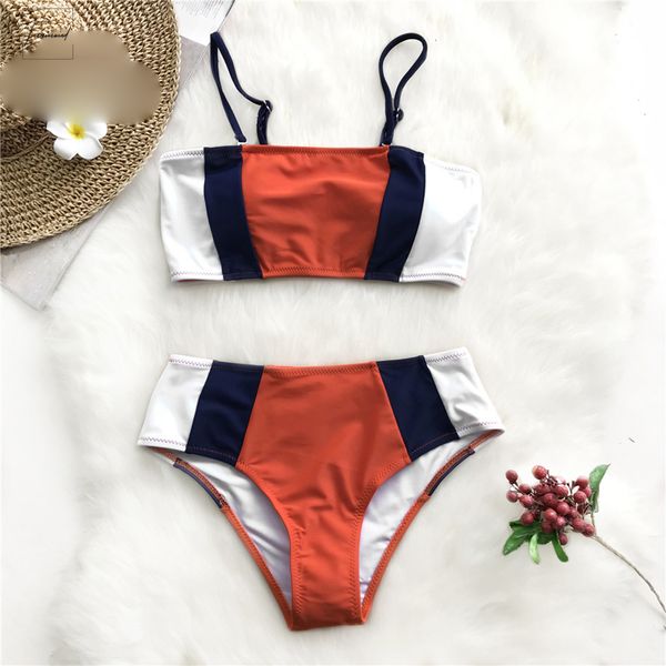 

tricolor bandeau bikini sets women patchwork mid bathing adjustable two pieces swimwear 2019 girl beach waist swimsuits, White;black