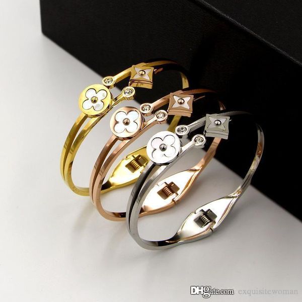

brand classic luxury natural shell flower shaped cuff bracelet 2019 new selling titanium steel crystal bracelet fashion women jewelry, White