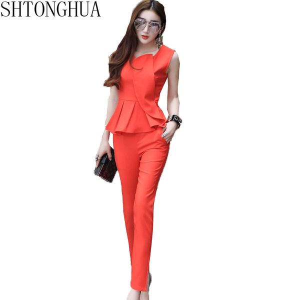 

shtonghua summer women formal 2 piece pant suit 2019 fashion sleeveless ruffles blouse + slim work long length pants set, White