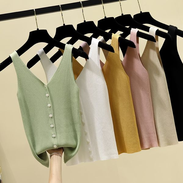 

summer tank women's knitted solid color v neck single breasted cami camisole female camisas mujer, White