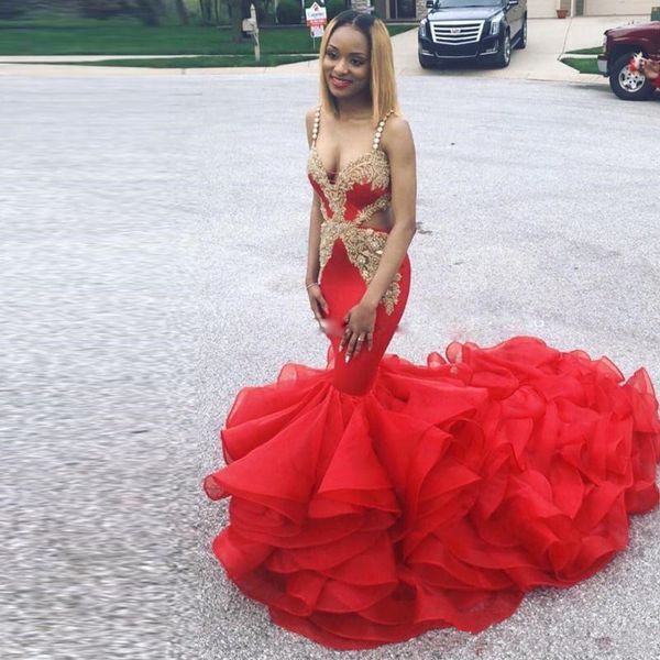 

red spaghetti strap cutaway sides mermaid prom dresses gold appliques bead sequined ruffles bottom party evening cocktail dress, Black;red