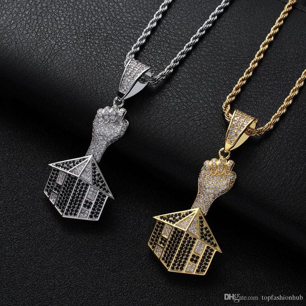 

fist house pendants necklace men golden black full lab diamond trendy copper jewelry hip hop streets fashion necklace